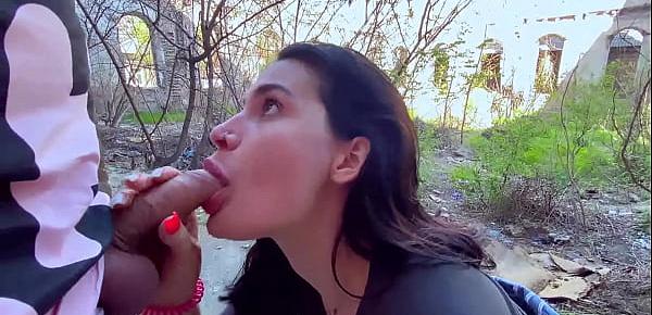  Sucking in public outdoors near people and getting hot sticky cum in her mouth